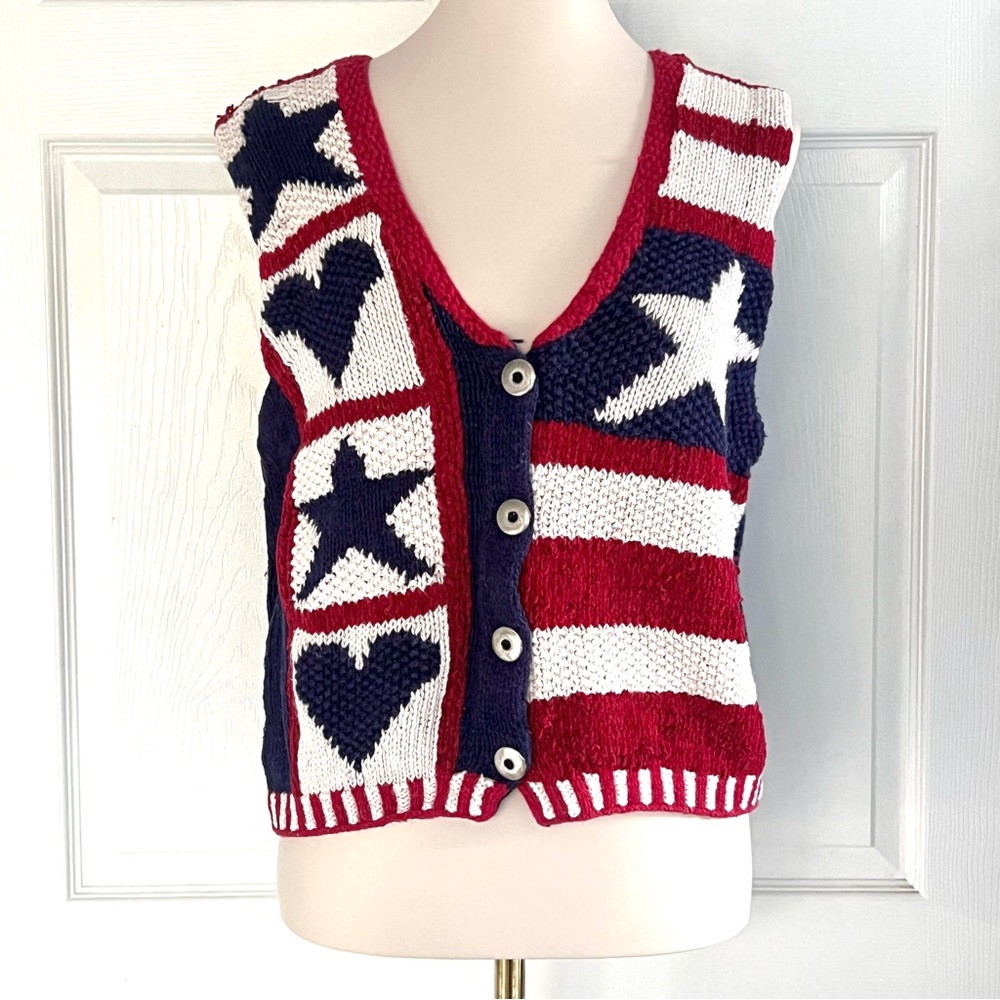 VTG Westbound Handknit Red White Blue American Flag Sweater Vest Womens S